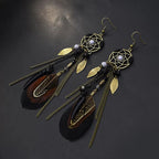 Boho Ethnic Dream Catcher Feather Antique Long Hook Earrings Fancy Handmade Chain Tassle Earring For Women Jewelry