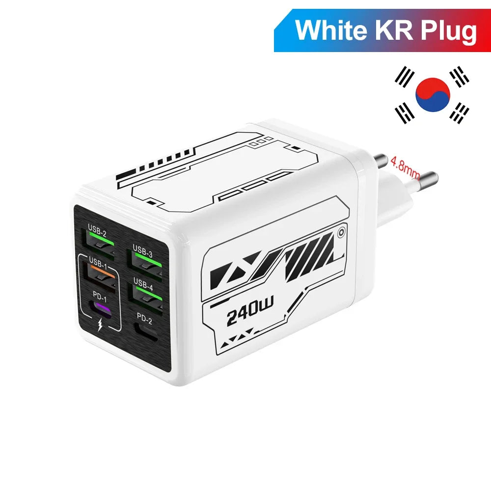 Chargeur mobile USB GaN 240 W, adaptateur secteur mural à charge rapide Type-C pour iPhone, Xiaomi, Huawei, prises UE/US/UK/KR