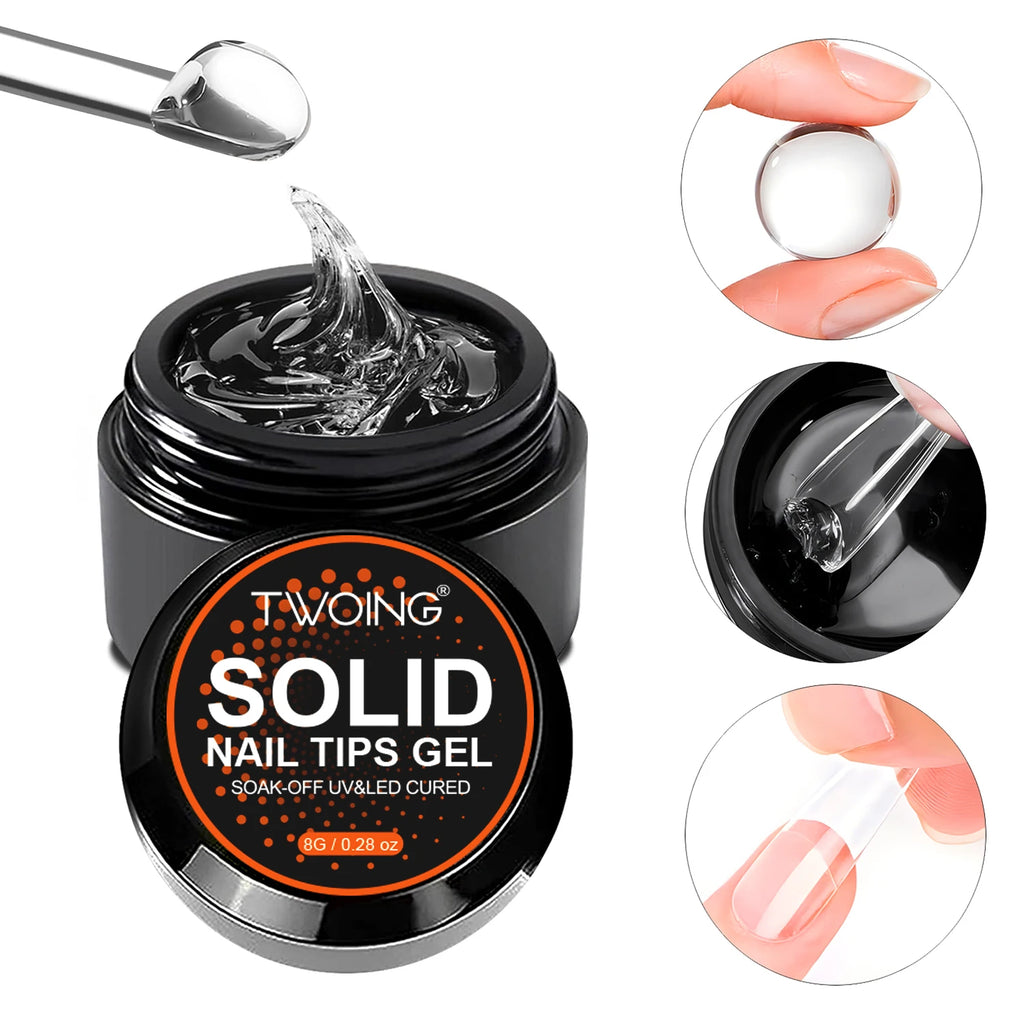 TWOING 8g Clear Solid Nail Tips Gel Long-Lasting Strong Adhesion UV/LED Building Gel pour ongles Home Salon Manucure DIY Design