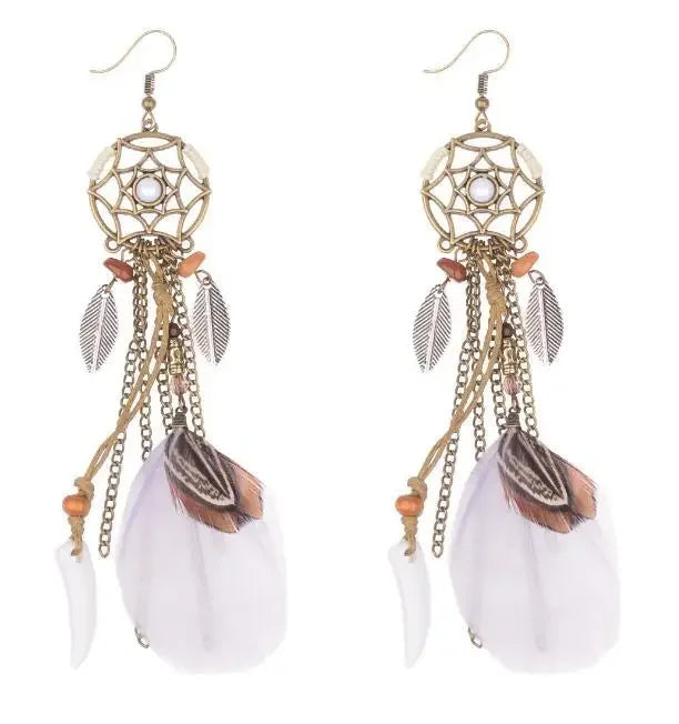 Boucles d'oreilles longues fantaisie bohèmes ethniques avec attrape-rêves, plumes, crochets antiques, chaîne et pompon, faites main, pour femme, bijou