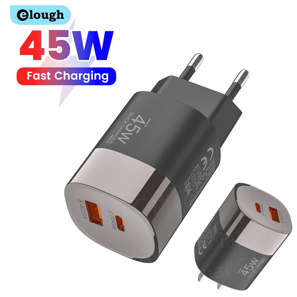 Chargeur de téléphone USB Type C Elough 45W Charge Super Rapide Double Port Mural Adaptateur USB PD Pour iPhone Realme Huawei Chargeur USB C