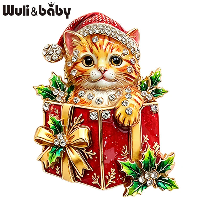 Wuli&baby Blue-and-white Porcelain Design Christmas Brooches For Women Tree Cats Santa Claus Nutcracker New Year Brooch Pins