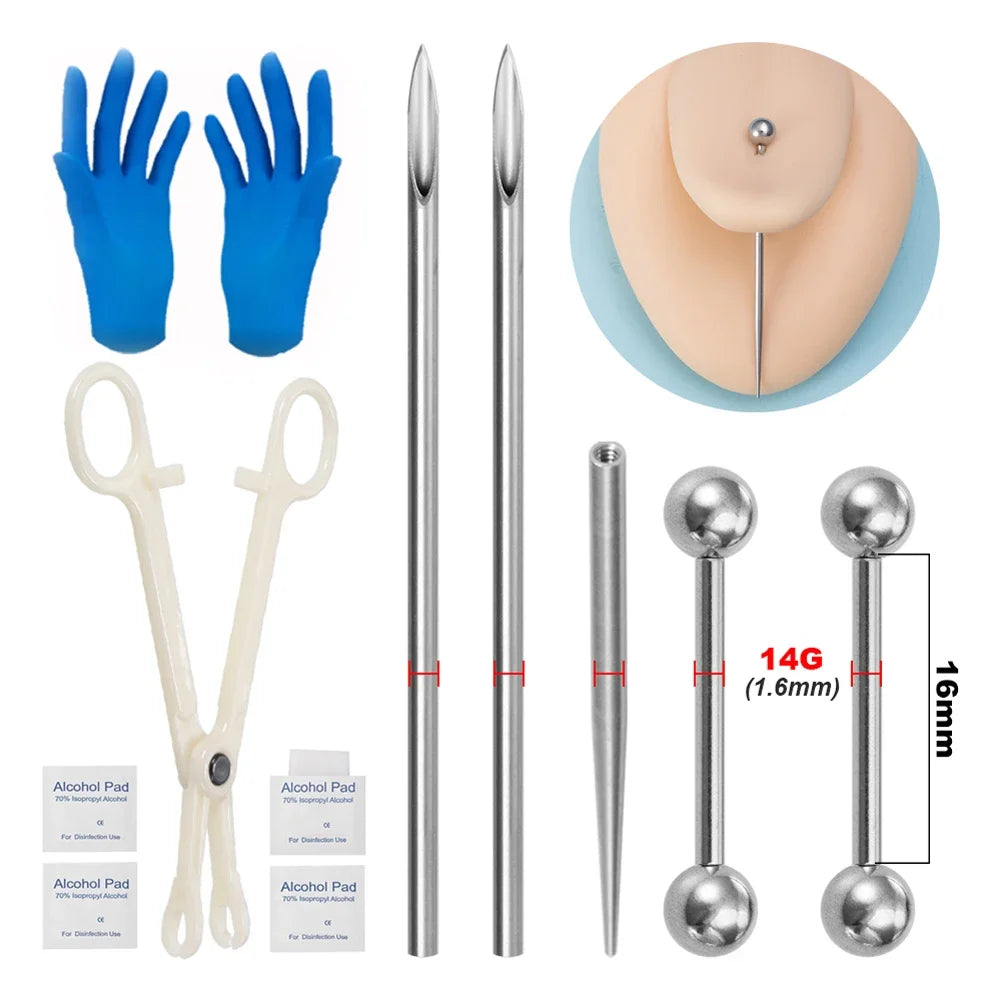 Kit de piercing avec aiguilles à pointe conique filetée en acier chirurgical, pour lèvres, nez, langue, cartilage, sourcils et nombril, avec pince à bijoux de piercing