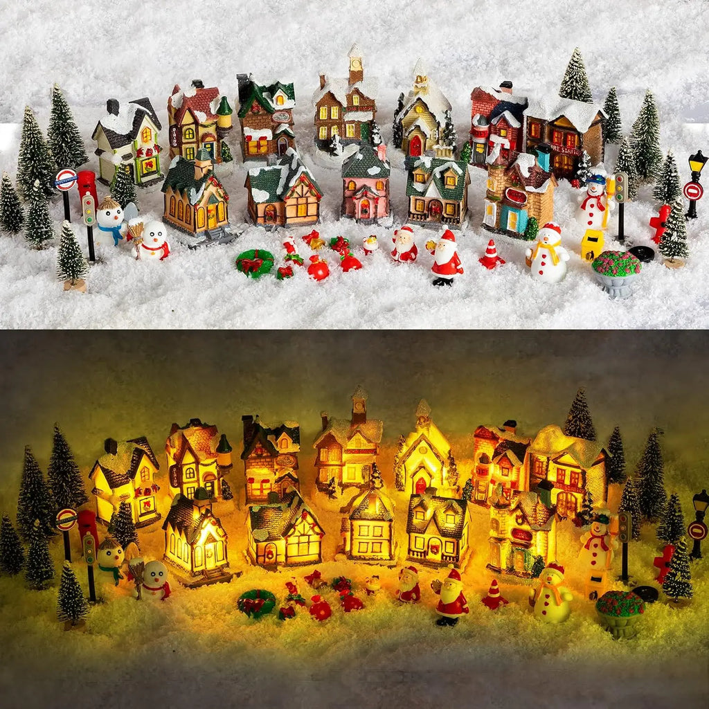 Christmas Ornament Village Houses LED Light Collectible Figurines Snow Blanket Desktop Decoration Town Scene Xmas New Year Gift