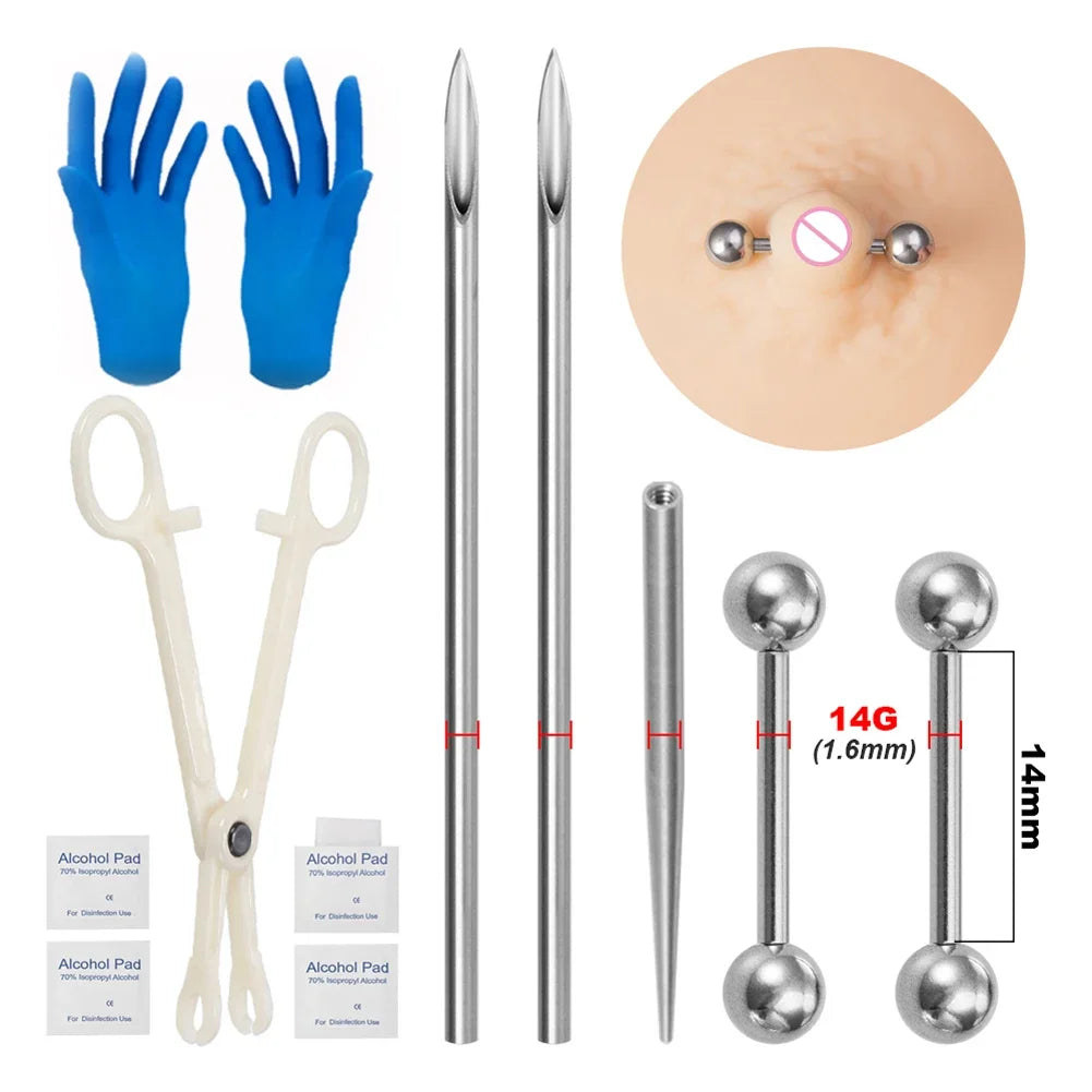 Kit de piercing avec aiguilles à pointe conique filetée en acier chirurgical, pour lèvres, nez, langue, cartilage, sourcils et nombril, avec pince à bijoux de piercing