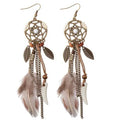 Boho Ethnic Dream Catcher Feather Antique Long Hook Earrings Fancy Handmade Chain Tassle Earring For Women Jewelry