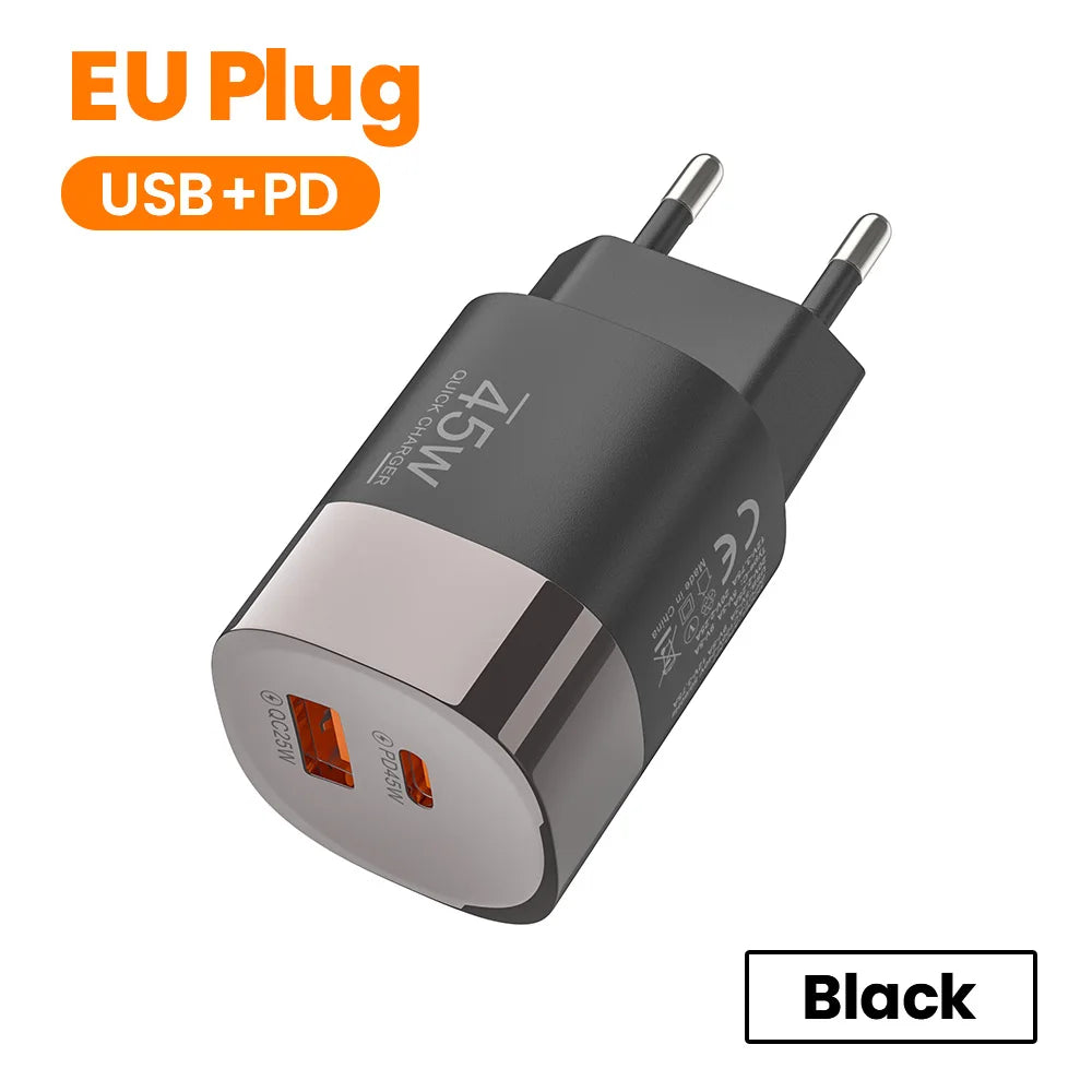 Chargeur de téléphone USB Type C Elough 45W Charge Super Rapide Double Port Mural Adaptateur USB PD Pour iPhone Realme Huawei Chargeur USB C