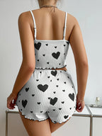 Women's Heart Print Pajama Set 2PCS Soft Ribbed Tank Top and Shorts Lightweight Sleepwear Loungewear S M L