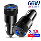 66W USB Car Charger Type C Fast Charging Phone Adapter For Xiaomi Huawei PD Phone Charger Car Adapter Socket Cigarette Lighte