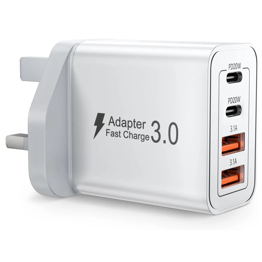 Chargeur de téléphone portable multi-ports USB-C/USB-A à brancher au mur UE/Royaume-Uni/États-Unis/Australie, adaptateur secteur à double charge rapide PD 40 W pour iPhone, Xiaomi