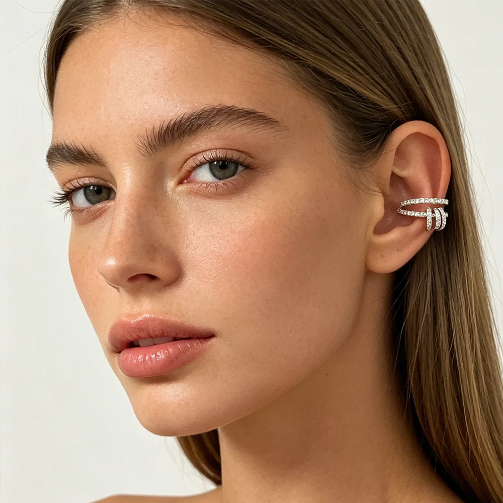 Silver Color Cubic Zirconia Double Layer Cartilage Earring Ear Clip Waterproof Allergy Womens Jewelry No Perforation Required