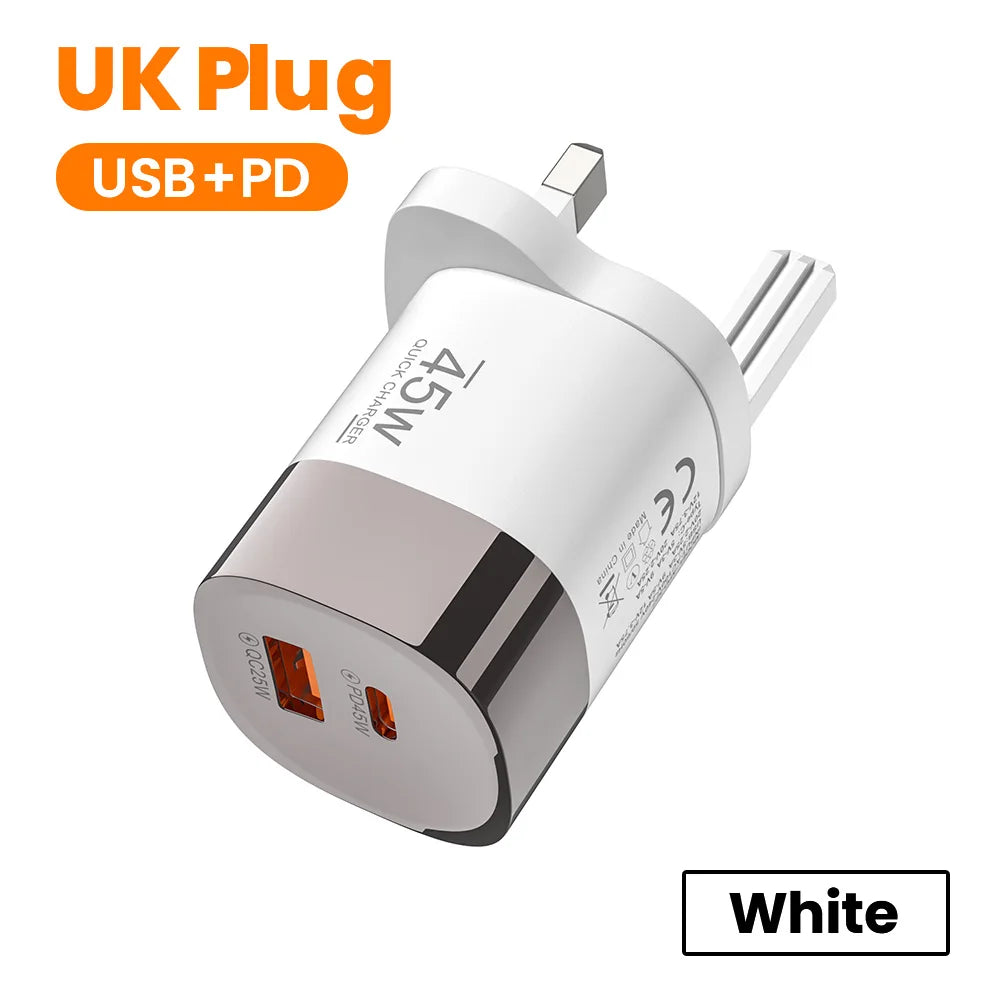 Chargeur de téléphone USB Type C Elough 45W Charge Super Rapide Double Port Mural Adaptateur USB PD Pour iPhone Realme Huawei Chargeur USB C