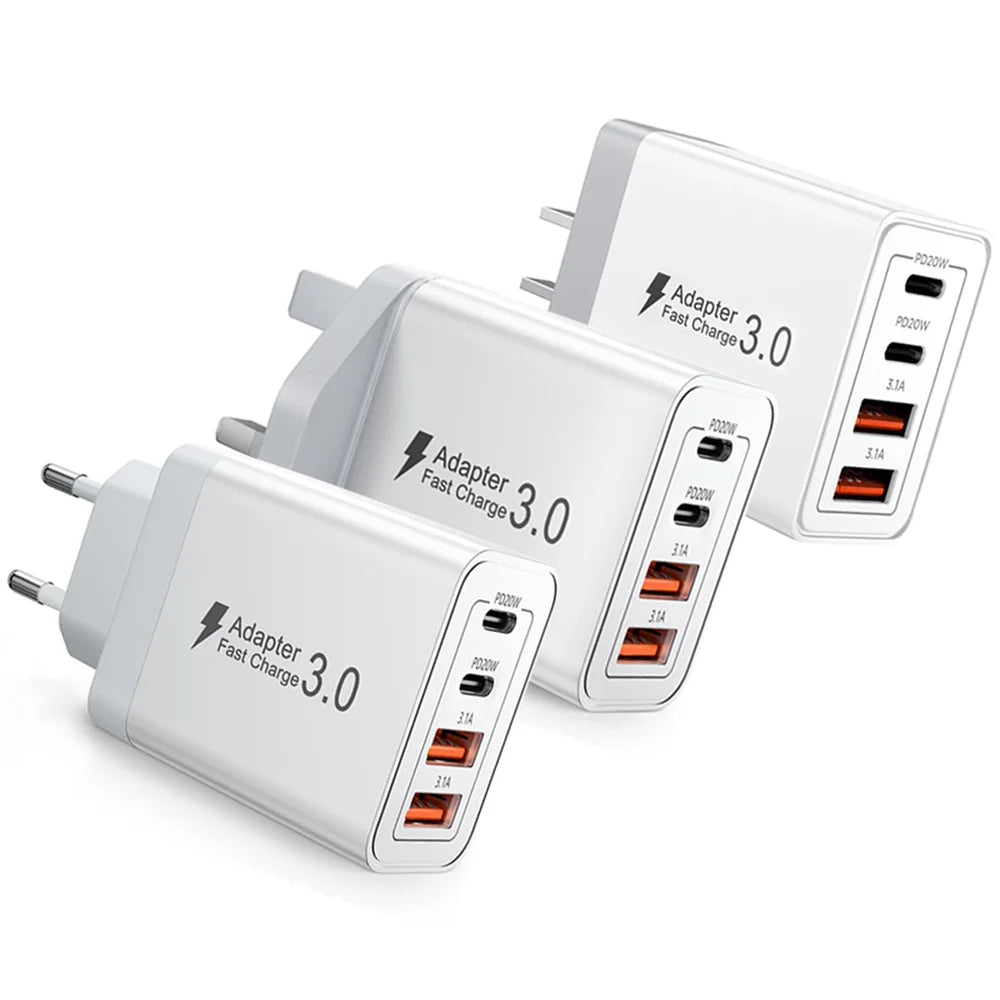 EU/UK/US/AU Wall Plug Multi-Port USB-C/USB-A Mobile Phone Charger, 40W Dual PD Fast Charging Block Adapter for iPhone, Xiaomi