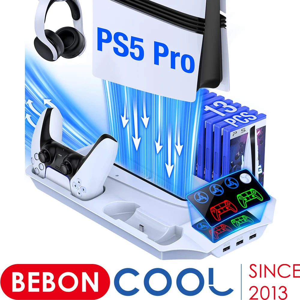 BEBONCOOL for PS5/PS5 Slim/PS5 Pro Stand with Headphone Hook Cooling Stand&Controller Charger for PS5 With 3 Levels Cooling Fan
