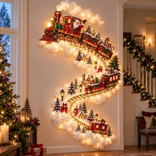 Applique murale LED « Chemin de la magie de Noël » avec scène de Noël lumineuse, décoration murale avec Père Noël, traîneau et rennes à suspendre pour fête
