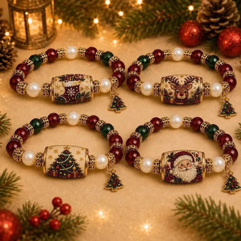 Bracelet de Noël élastique en perles avec breloques sapin de Noël, élan et chaussette, cadeau de Noël et du Nouvel An, dropshipping