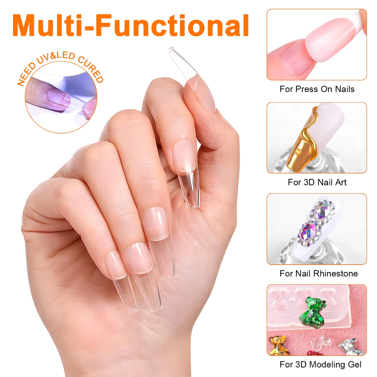 TWOING 8g Clear Solid Nail Tips Gel Long-Lasting Strong Adhesion UV/LED Building Gel pour ongles Home Salon Manucure DIY Design