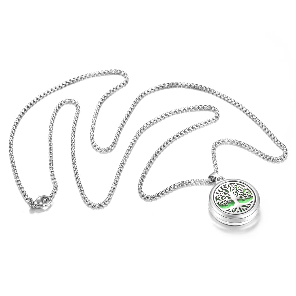 Trendy 20mm Tree of Life Stainless Steel Aromatherapy Lockets Insert Pad Perfume Pendant Necklace Essential Oil Diffuser Jewelry