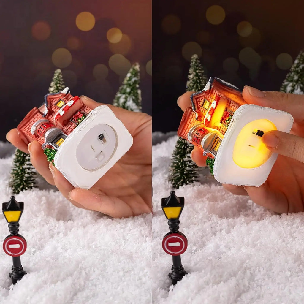 Christmas Ornament Village Houses LED Light Collectible Figurines Snow Blanket Desktop Decoration Town Scene Xmas New Year Gift