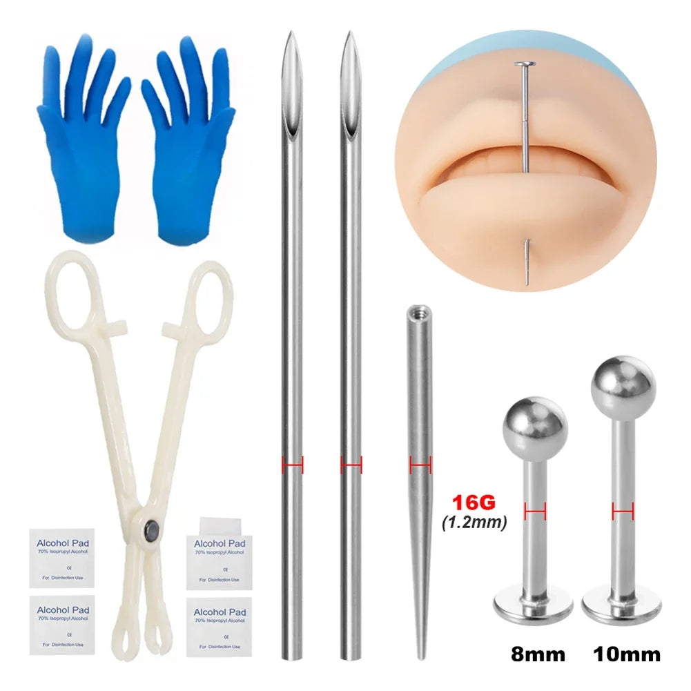 Kit de piercing avec aiguilles à pointe conique filetée en acier chirurgical, pour lèvres, nez, langue, cartilage, sourcils et nombril, avec pince à bijoux de piercing