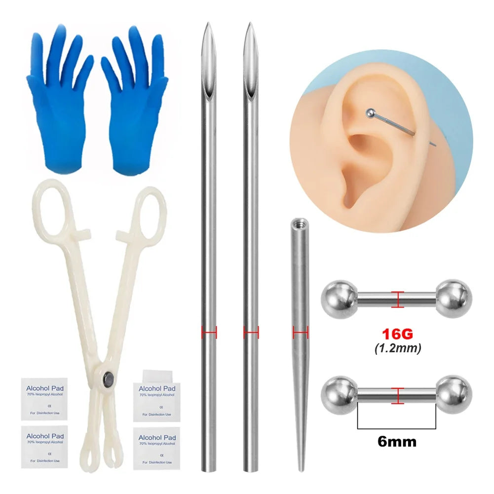 Kit de piercing avec aiguilles à pointe conique filetée en acier chirurgical, pour lèvres, nez, langue, cartilage, sourcils et nombril, avec pince à bijoux de piercing