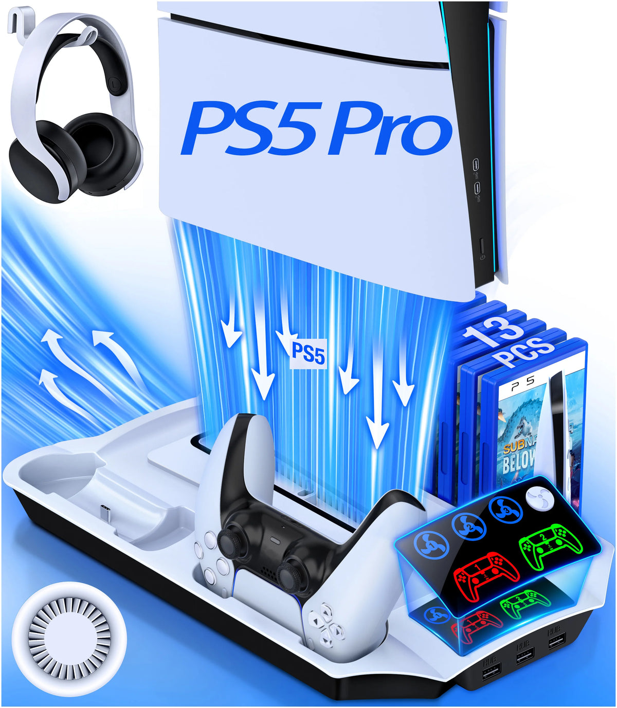 BEBONCOOL Support pour PS5/PS5 Slim/PS5 Pro avec crochet pour casque, support de refroidissement et chargeur de manette pour PS5 avec ventilateur de refroidissement à 3 niveaux