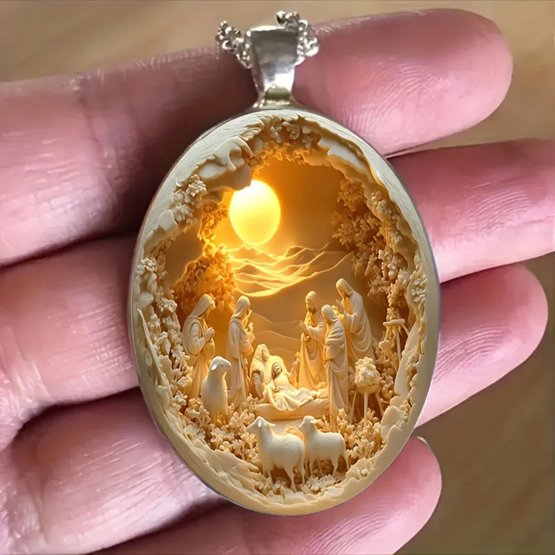 Collier élégant avec pendentif ovale en verre et alliage, cadeau de Pâques ou de Noël