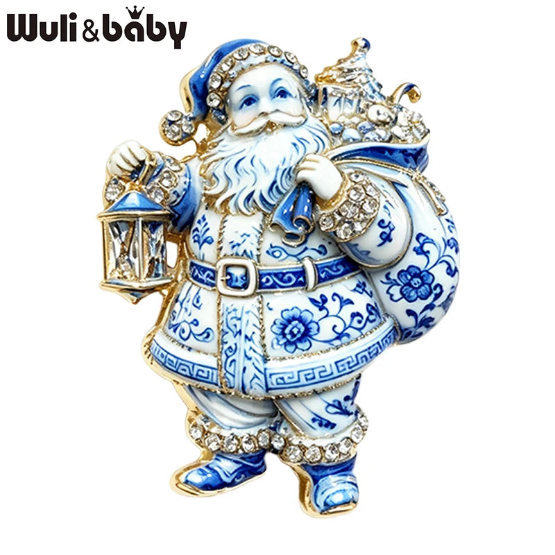 Wuli&baby Blue-and-white Porcelain Design Christmas Brooches For Women Tree Cats Santa Claus Nutcracker New Year Brooch Pins