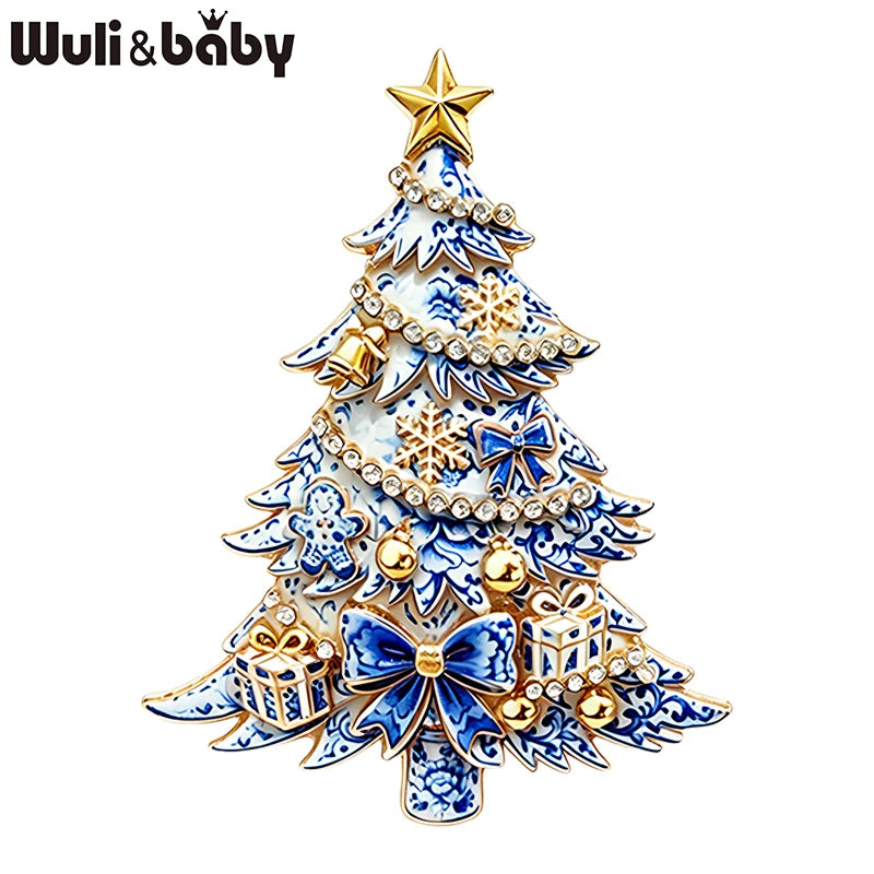 Wuli&baby Blue-and-white Porcelain Design Christmas Brooches For Women Tree Cats Santa Claus Nutcracker New Year Brooch Pins