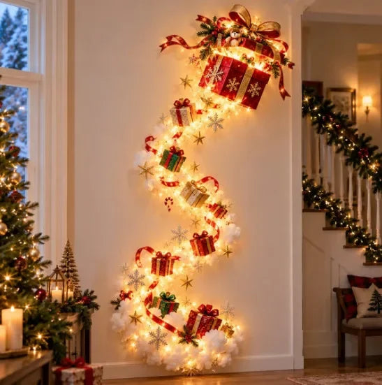 Applique murale LED « Chemin de la magie de Noël » avec scène de Noël lumineuse, décoration murale avec Père Noël, traîneau et rennes à suspendre pour fête