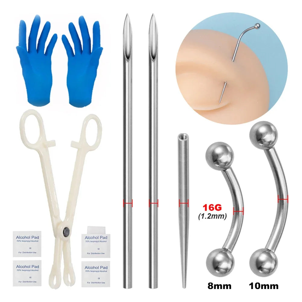 Kit de piercing avec aiguilles à pointe conique filetée en acier chirurgical, pour lèvres, nez, langue, cartilage, sourcils et nombril, avec pince à bijoux de piercing