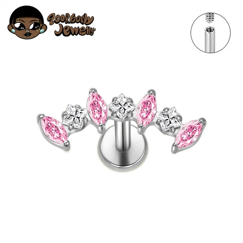 Boucle d’oreille d’oreille cartilage grimpante droite en titane ASTM F136, ornée de zircons cubiques, avec courbe marquise, pour hélix, tragus et labret, à dos plat, bijou de piercing corporel