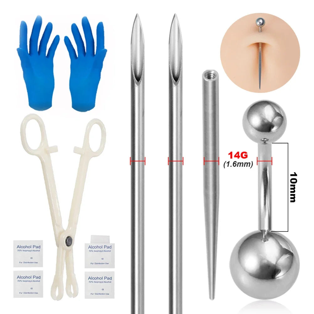 Kit de piercing avec aiguilles à pointe conique filetée en acier chirurgical, pour lèvres, nez, langue, cartilage, sourcils et nombril, avec pince à bijoux de piercing