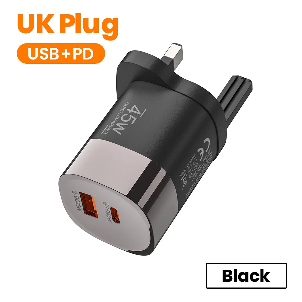 Chargeur de téléphone USB Type C Elough 45W Charge Super Rapide Double Port Mural Adaptateur USB PD Pour iPhone Realme Huawei Chargeur USB C