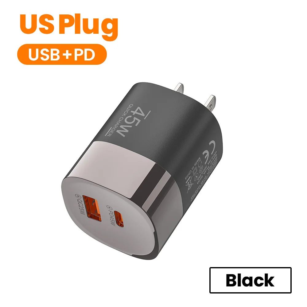 Chargeur de téléphone USB Type C Elough 45W Charge Super Rapide Double Port Mural Adaptateur USB PD Pour iPhone Realme Huawei Chargeur USB C