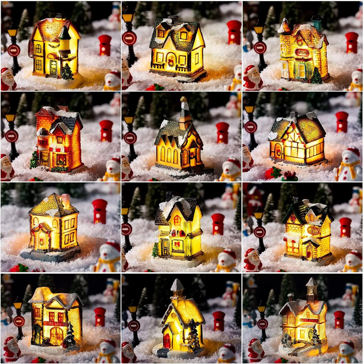 Christmas Ornament Village Houses LED Light Collectible Figurines Snow Blanket Desktop Decoration Town Scene Xmas New Year Gift